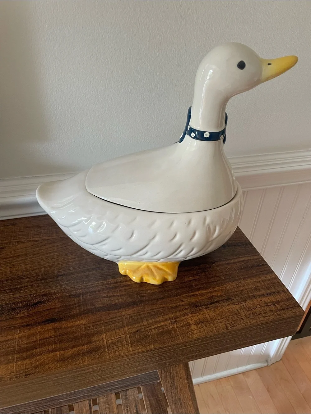 1990’s Ceramic Duck Cookie Jar with Navy Polka Dot Bow - Picture 3 of 6